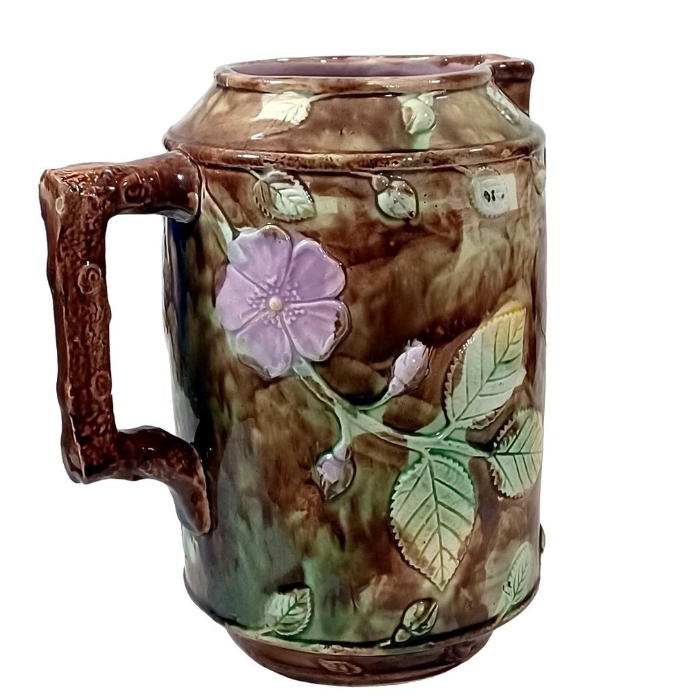 Antique French 19th Cent French Barbotine Majolica Pottery Water Pitcher Vintage - Picture 7 of 13